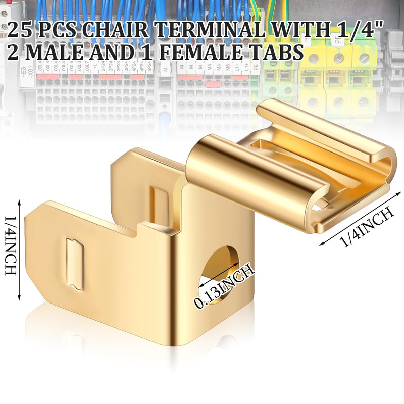 25 Pcs Piggyback Spade Connectors Chair Terminal Quick Disconnect Electrical 3 Way Adapter, 1/4" 2 Male and 1 Female Tabs, Non Insulated Brass 90 Degree Electrical Crimp Terminals Connectors 25