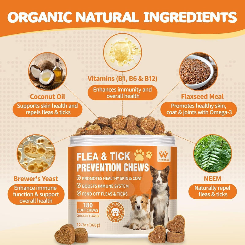 Flea and Tick Prevention for Dogs Chewables - Natural Dog Flea and Tick Treatment Chewable - Oral Flea Supplement for Dogs - Puppy Flea Support - All Breeds & Ages - 180 Soft Chews 180 Chews