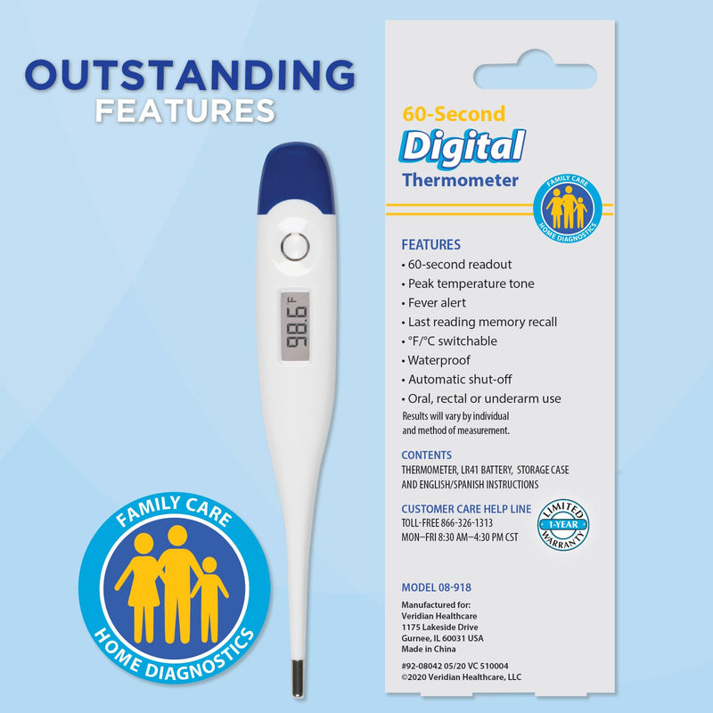 Veridian Digital Thermometer | 60-Second Readout | Fever Alert + Memory Recall| Clinical Rigid Tip | Hygienic Water-Resistant Easy Cleaning | Storage Case + Probe Covers Included