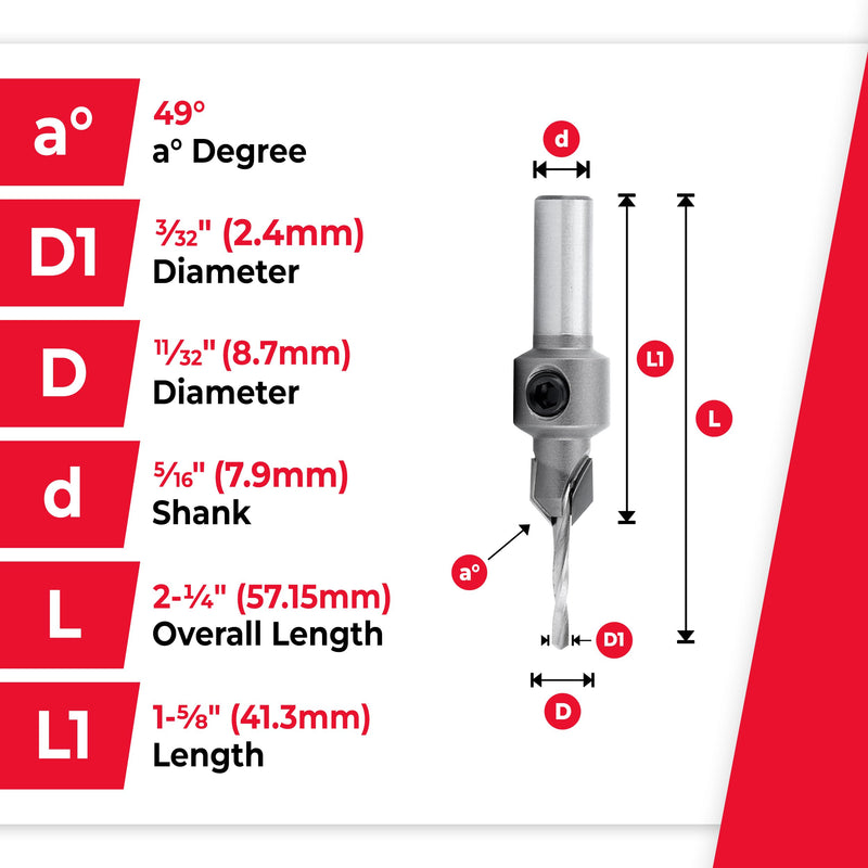 Amana Tool Carbide Tipped Countersink Drill Bit, 55200, 4 Screw, 11/32 D x 3/32 Drill Dia x 5/16 Round Shank
