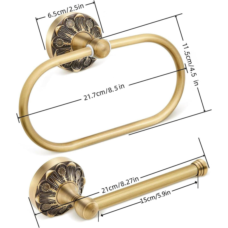 Antique Brass Toilet Paper Holder & Hand Towel Ring Set | Wall Mounted Oval Towel Ring with 180° Swivel & Concealed Screws, 2 Piece Rustproof Vintage Gold Brushed Bathroom Hardware
