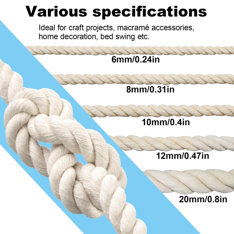 Cotton Rope, Black Cotton Cord, 3 Strand Twisted Macrame Cord (Beige, 6mm x 16 Feet) Beige