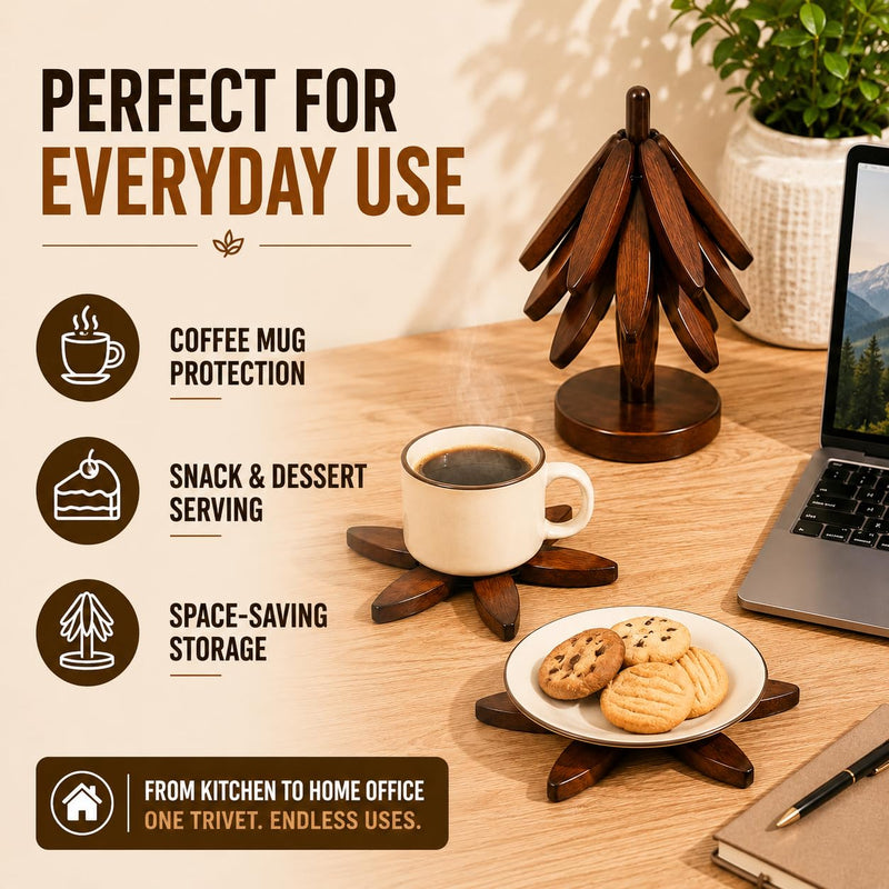 Wooden Trivet - Wooden Trivets for Hot Dishes - Tree Shaped Wooden Trivet - 4 Wooden Trivets with 1 Stand - Space-Saving Coaster Tree for Pots, Pans, Serving Dishes, Tables & Counters