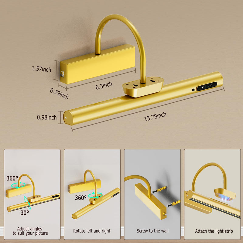 Bridika Picture Light Battery Operated, 13.8in Picture Lights for Wall, 3 Colors & Brightness Dimmable, Rechargeable Art Light for Paintings Photo Dartboard Gallery Bedroom Bathroom Gold