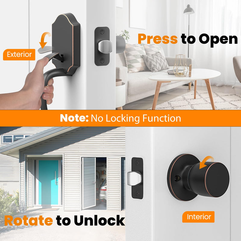 HOSOM Front Door Handle Set, Exterior Door Handle with Door Knob, No Lock, Entry Door Handleset for Right & Left-Handed Doors, Oil Rubbed Bronze