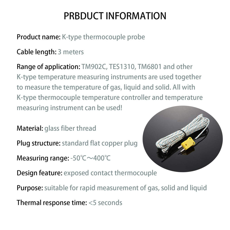 10 Pieces 3 Meters K Type Mini-Connector Thermocouple Temperature Probe Sensor K Type Thermocouple Wire Temperature Sensing Line Measure Range -50 to 400 Celsius, Compatible with TM902C/ TES1310 10