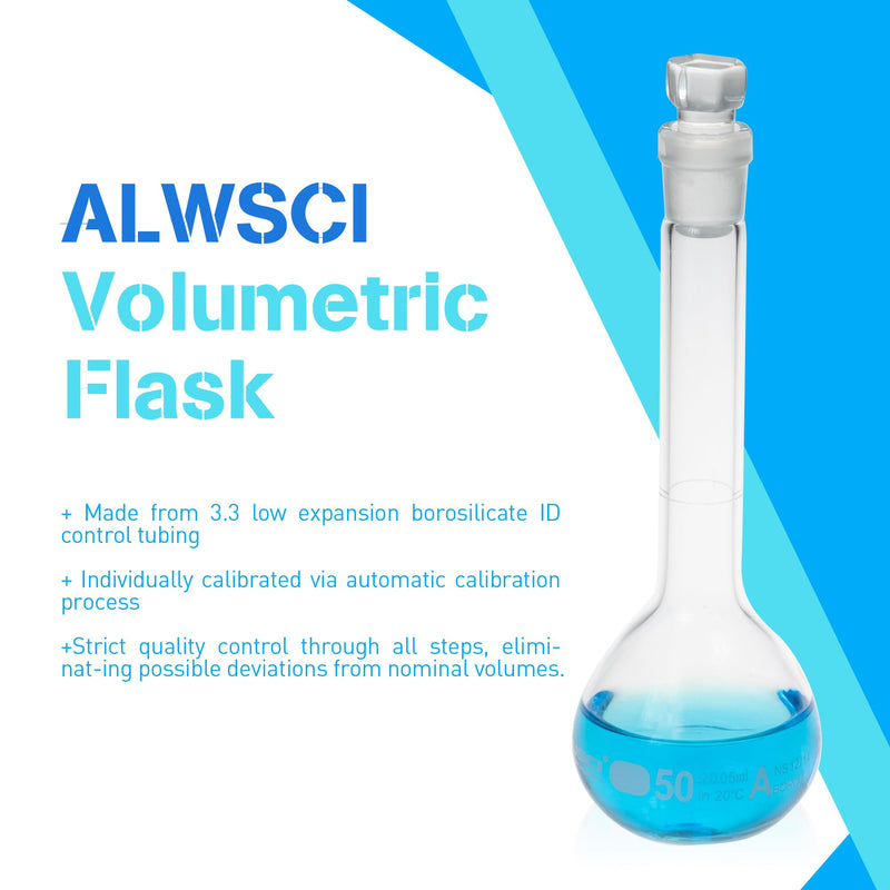 ALWSCI 2PCS 50ML Volumetric Flask, Class A, Glass Stopper for Laboratory | 3.3 borosilicate amber glass,Tolerance±0.050ml,NS12/14,ASTM-E288,autoclavable,chemical durable 50ml Amber Volumetric Flask