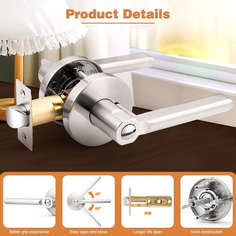 Probrico Privacy Door Handles for Bedroom and Bathroom Satin Nickel Privacy Door Handle Lever, Keyless Interior Door Handles Bed Bath Door Lockset, 3 Pack
