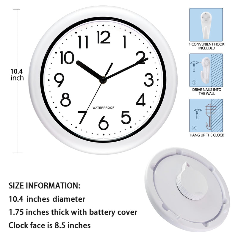 Caysie 10 Inch Sealed Indoor Outdoor Clock Waterproof, Silent Battery Operated Weatherproof Wall Clocks for Pool Patio Outside Home (White) 10" White