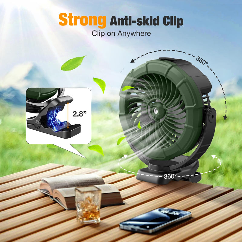 Ausic Portable Misting Clip on Fan, Golf Cart Fans, Max 45H Runtime, 100ml Camping Stroller Fan with LED, 360° Rotate Cooling Spray, Outdoor Rechargeable Battery Fans for Travel/Home/Beach Green
