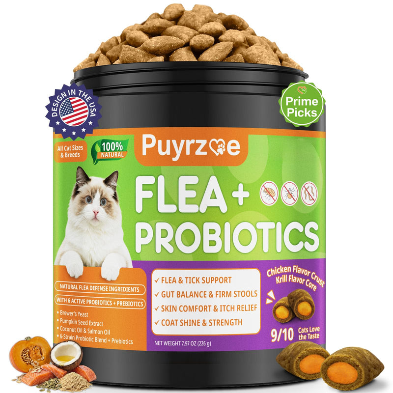 Puyrzoe Flea and Tick Prevention for Cats, Flea Treatment for Cats, Itch Relief, Skin & Coat Care, 500 Cat Flea Chews with 6-Strain Probiotics, Gut & Immune Health, Chicken Flavor, All Breeds & Ages