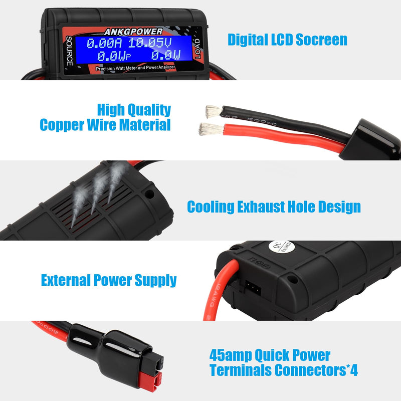 150A Watt Meter Power Analyzer, High Precision RC with Digital LCD Screen&2 Sets of 45amp Power Pole Connectors for Voltage (V) Current (A) Power (W) Charge(Ah) and Energy (Wh) Measurement BLACK
