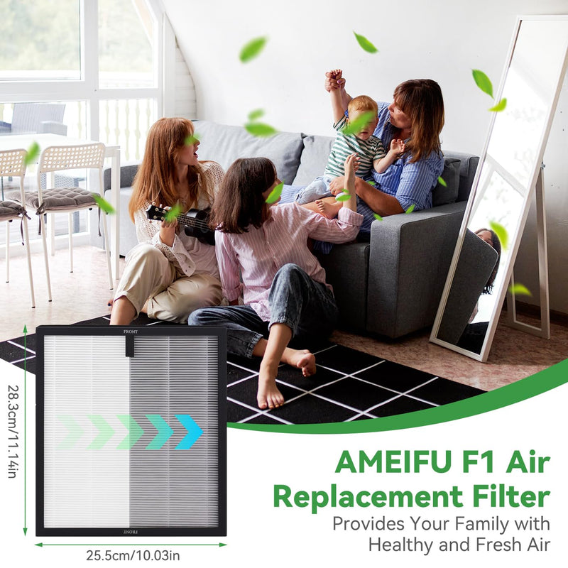 F1 Air Replacement Fi-lter Compatible with Ameifu F1 Air Purifi-er,3-IN-1 H13 True Hepa Double-Sided Filt-er Replacement, 2 Pack