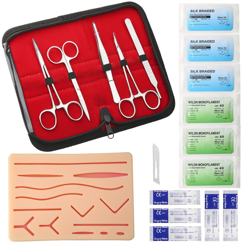 Suture Practice Kit for Medical Students Complete Surgical Training Include Silicone Suture Pad,Sterile Thread & Needle,Set of Suture Tools,Dissection Blades with Cary Bag(17 Pcs)