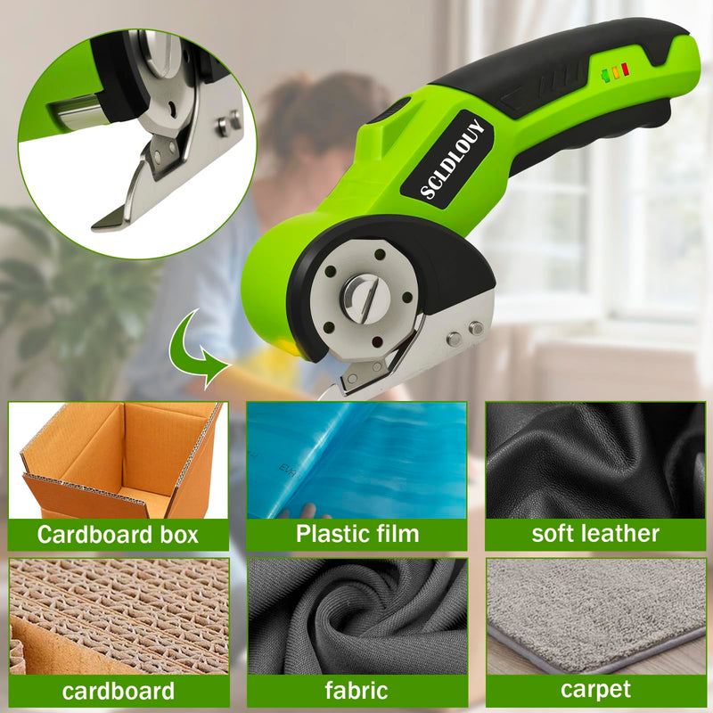 High-Speed Cardboard Cutter, Cordless Rechargeable Electric Scissors with Safety Lock and LED Light, Rotating Blade for Cardboard Fabric Carpet (green) Green