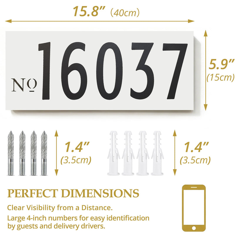 15.8" x 5.9" Aluminum Address Sign, Includes 4 Inch 0-8 Number Stickers & Mounting Screws, Wall Mounted House Address Plaque for 4-5 Digits