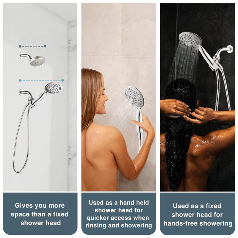 BRIGHT SHOWERS 9 Spray Settings Shower Head with Handheld High Pressure Brushed Nickel Hand Held Showerhead with 60 Inch Stainless Steel Hose and Adjustable Overhead Bracket 2.5 Gallon Per Minute