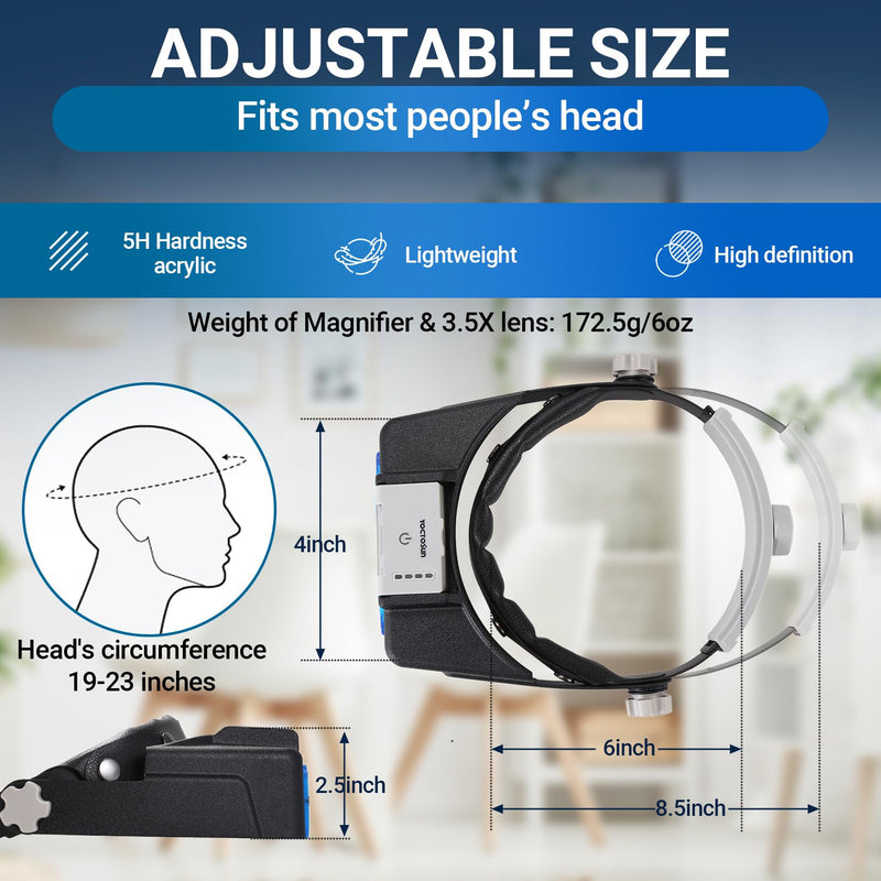 YOCTOSUN Headband Magnifying Glass with 4 LED Lights, 4 Lenses and Storage Case，Magnifying Glasses for Close Work, Hands Free Head Magnifying Visor for Jewelers, Crafts, Hobby