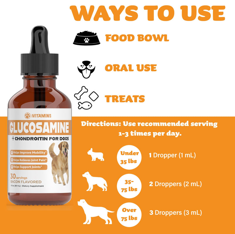 Glucosamine for Dogs - Dog Glucosamine - Supports Healthy Hips, Joints, Mobility & Much More - Dog Joint Supplement - Joint Supplement for Dogs - 1 fl oz - Bacon Flavor