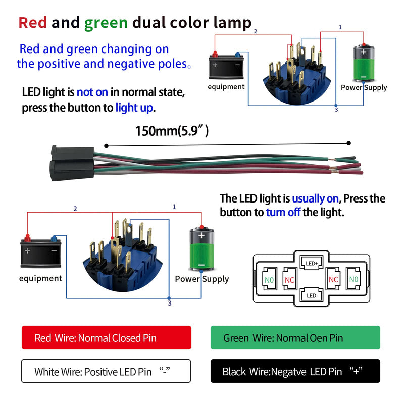 40mm 1.57" Momentary Big Push Button Switch 2 Color Light Red and Green 12VDC/AC Stainless Steel 316 Waterproof IP67 DPDT with Wire (Volts, 12) 12.0 Volts