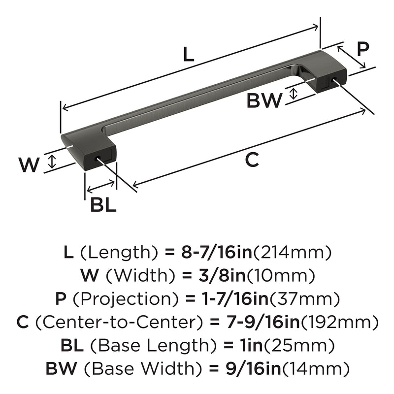Amerock 7-9/16" Riva Graphite Drawer Pull | 7-9/16 inch (192mm) Center-to-Center Mounting Distance and 8-7/16 inches Overall Length, Durable Zinc Cabinet Hardware 7-9/16 Inch (192 mm) Center-to-Center