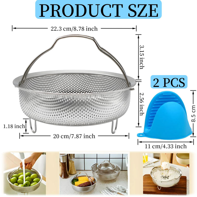 8.7 Inch Stainless Steel Steamer Basket for Pot - Heavy Duty Mesh Food Steamer Insert with Handle & Stable Feet - Multipurpose Rice Washer, Colander & Fruit Strainer - Fits 6 & 8 Qt Pressure Cookers