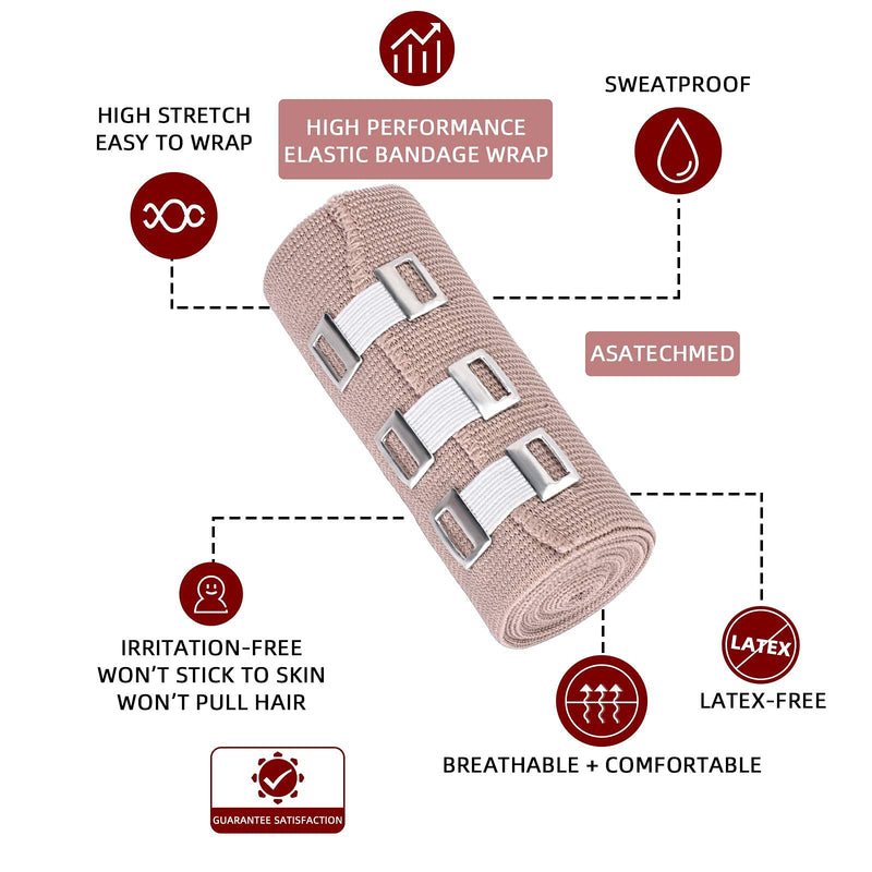 Elastic Bandage Wrap 4 Pack(2 X 3 + 2 X 4 Wide Rolls) + 24 Clips | Stretch Compression Bandage Stretches up to 15ft | Ideal for Medical, Sports, Sprains, Calf, Ankle & Foot 4 Count (Pack of 1)
