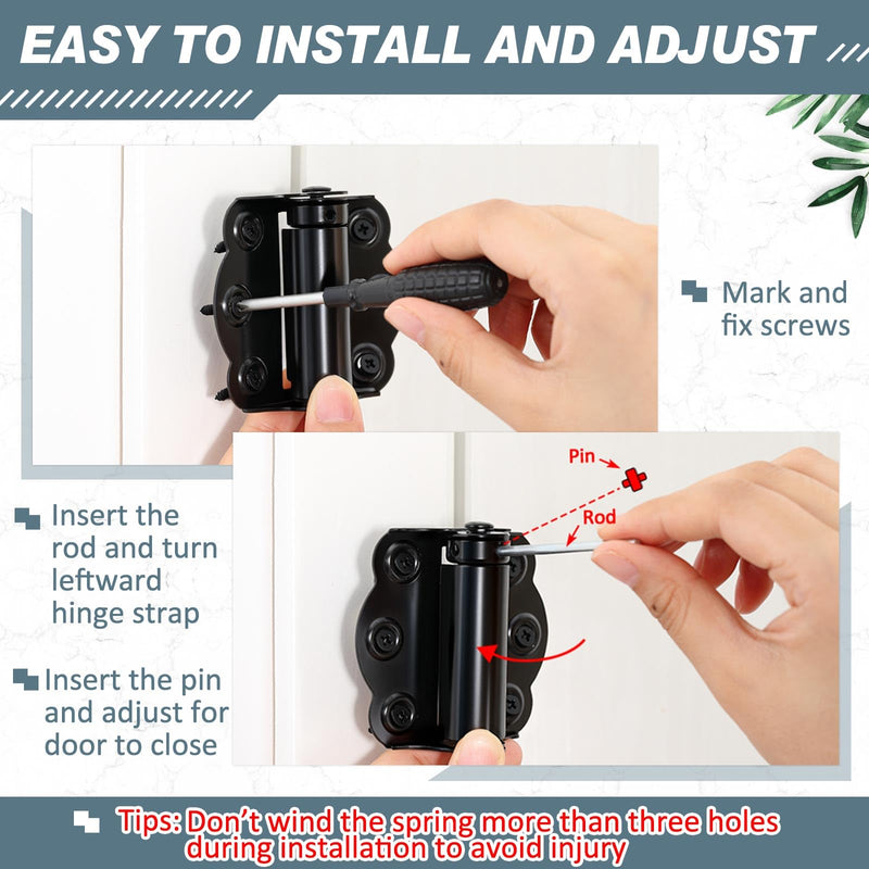 Zonon 6 Pack Black Self Closing Screen Door Hinge 2 3/4" Heavy Duty Steel Including 2 Pcs Adjustable Self Closing and 4 Pcs Unadjustable Spring Loaded Hinges for Screen Interior Exterior Door