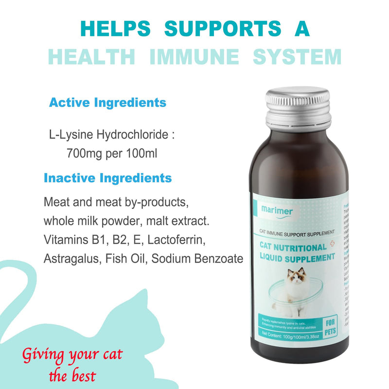 MARIMER Cat Immune Support Liquid Supplement – L-Lysine & Astragalus – Enhances Immunity and Relieves Feline Herpes Symptoms – Nutritional 3.38oz (100ml) for Cats of All Ages