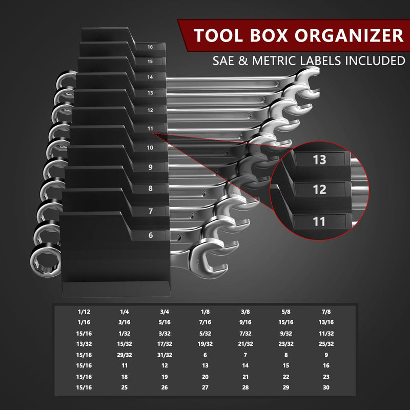Wrench Organizer, 20PCS Wrench Organizer for Tool Box, Modular Wrench Organizer with Label, Tool Box Organizer, Magnetic Wrench Organizer for Tool Box Drawer, (Black with Box)