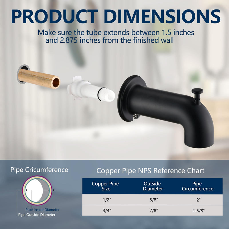 Slip-On Tub Spout with Diverter Long for Bathtub Spout, Fit for 1/2 Inch Slip Pipe, Matte Black