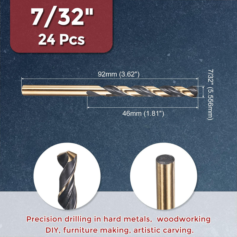 24pcs Drill Bit - [7/32" Diameter] 5.556mm M2 High Speed Steel Twist Cutting Tool for Machining Hard Metal Woodworking Handicraft Use, 135° Cutting Angle Black & Gold 7/32" (5.556mm) 24