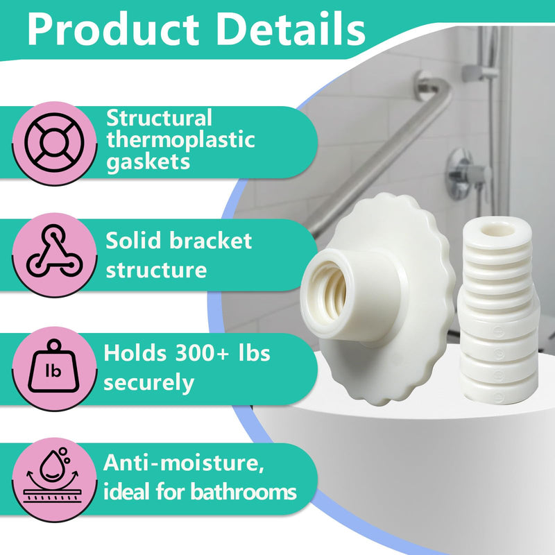 Grab Bar Mounting Kit for Fiberglass Showers(1 Set) | Grab Bar Mounting Kit with Adjustable Spacers (Fits 15/16" to 2-1/8"), for Installing Handrails to Walls White 1SET