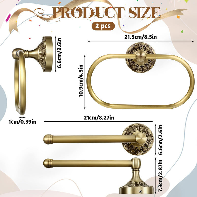 2 Pcs Antique Brass Toilet Paper Holder Set, Retro Oval Hand Towel Holder & Tissue Roll Paper Hanger Wall Mounted Vintage Bathroom Hardware Accessories for Home and Hotel