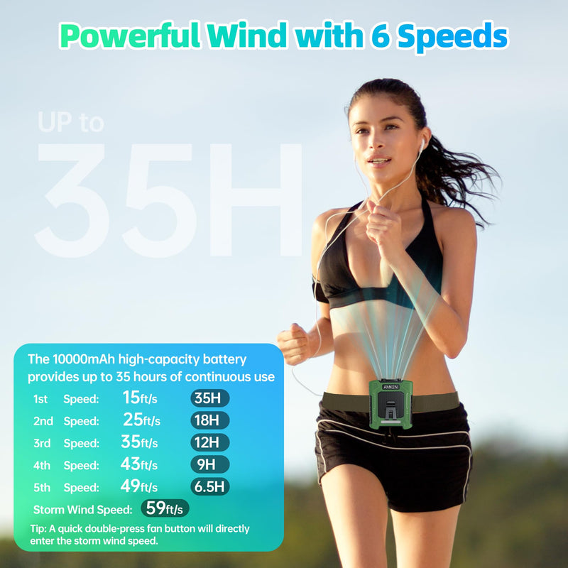 AMKEN Waist Fan, 10000mAh Rechargeable Personal Fan, 8-in-1 Cooling Device, Up to 35H, 6 Speeds, 18500RPM, 59ft/s Strong Airflow, LED SOS & Red-Blue Warning Light, Workers Fan for Jobsite, Outdoor Army Green