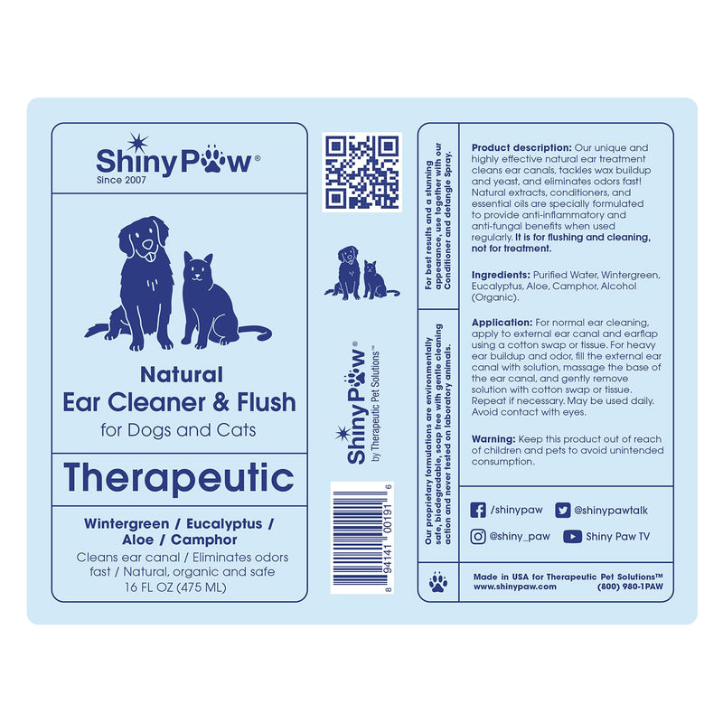 Dog Ear Cleaner Solution for Dogs & Cats 16 oz by Shiny Paw | Wintergreen, Camphor & Aloe – Gentle Ear Flush for Pets Health | Dog Ear Wash | Made in the USA