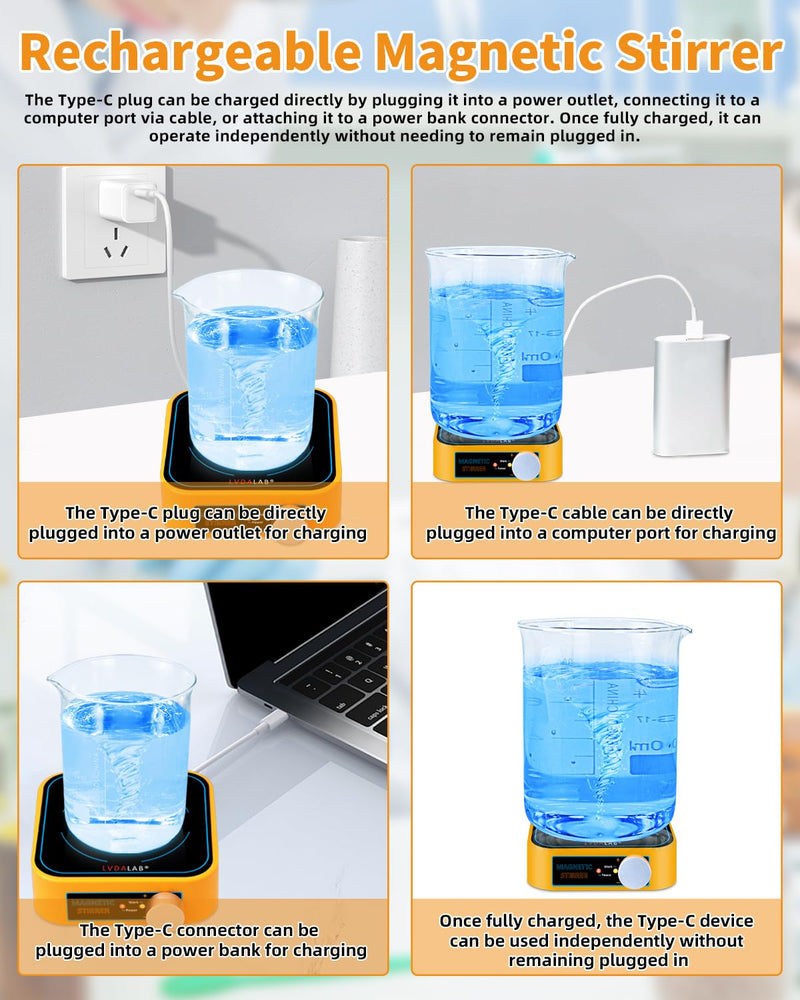 Rechargeable Magnetic Stir Plate, LVDALAB 3000RPM Mini Electric Magnetic Stirrer, 3000ml Lab Stirrers for Low Viscosity Liquid, No Heating, Adjustable Speed, 4 Stir Bars 1Retriever Included - Yellow Rechargable