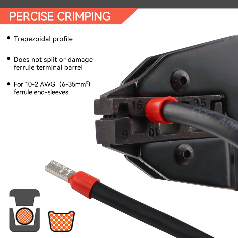 HKS Crimping Tool for Sleeves Ferrule Terminals & Pin Cord End- Ratcheting Wire Crimpers - AWG 10-2 (6-35mm²) - Ratchet Terminal Crimper - Electrical Crimping Tool For Ferrule Terminals (AWG 10-2)