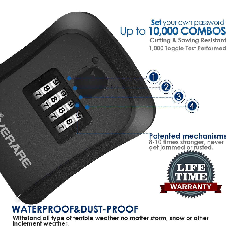 GIVERARE Key Lock Box, 4 Digits Combination Lockbox Wall Mount Outside, Waterproof Outdoor Key Hider for House Key Storage, Resettable Code Safe Security Password Boxes with Mounting Kit-Black 1 Pack Black-S