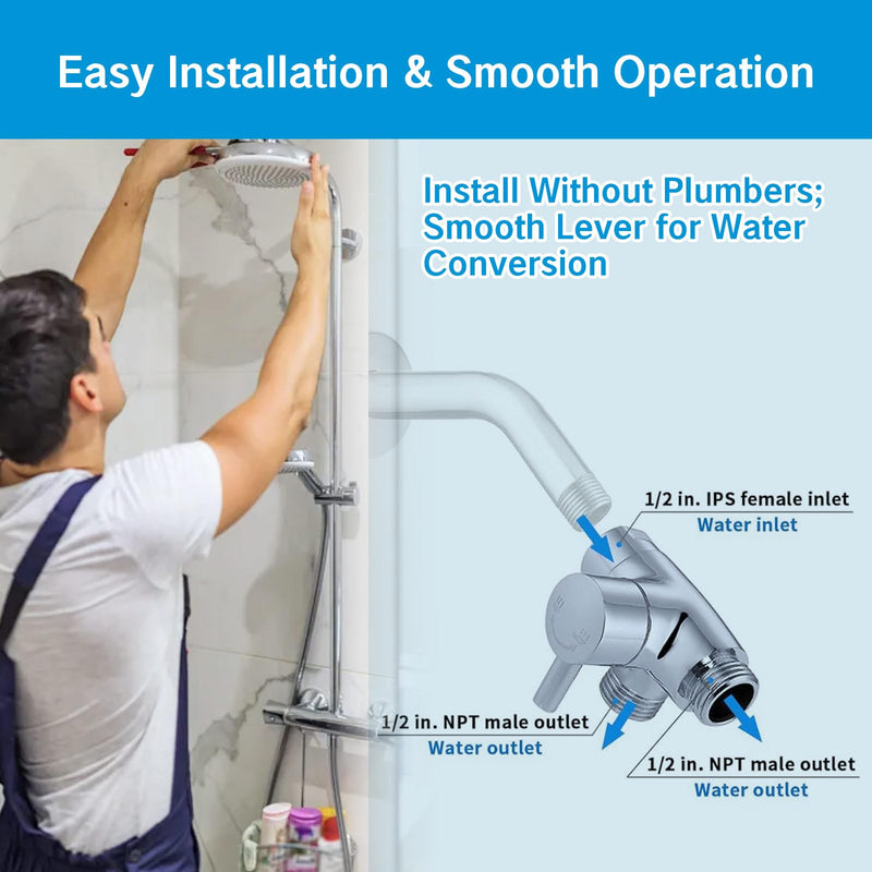 3 Way Shower Diverter Valve 1/2” Three Head Splitter Adapter and Fixed Spray Head with Handheld Cradle Bathroom Accessories for Hand Universal Shower System Replacement (Silvery)