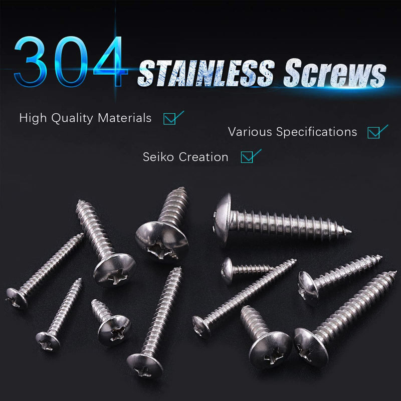 Swpeet 200Pcs #6#8#10#12 304 Stainless Steel Phillips Truss Head Self Tapping Screws Phillips Cross Drive Wood Screws Sheet Metal Screws Assortment Kit for Sheet Metal, Wood, PVC Plastic