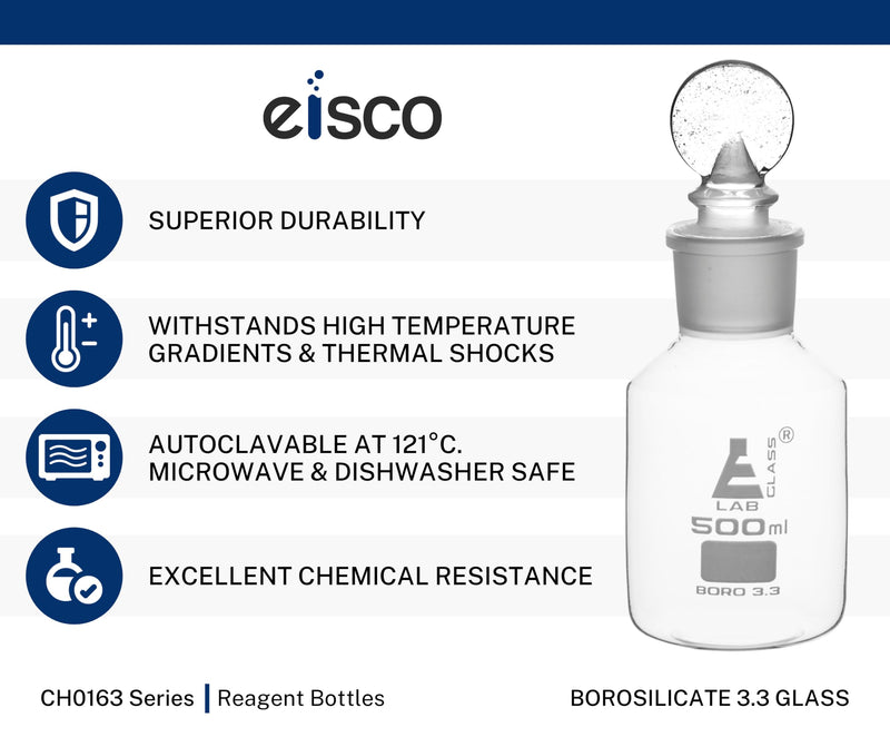 EISCO Labs 500ml Reagent Bottle - Borosilicate Glass with wide mouth and Penny stopper