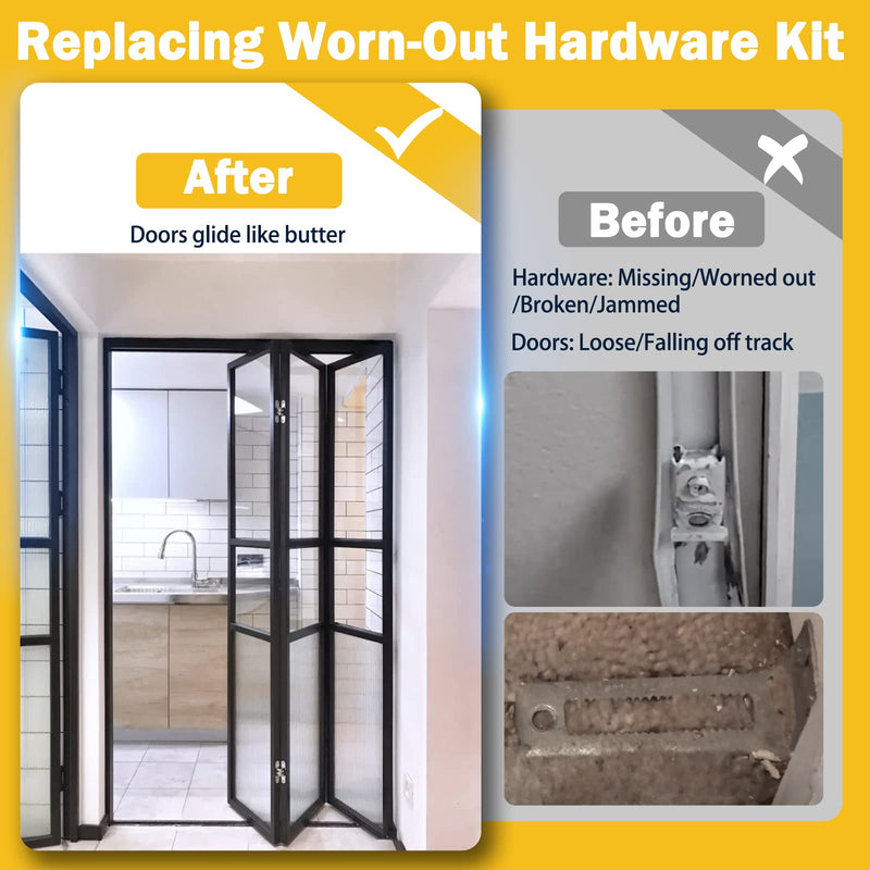 Closet Doors Bifold Door Hardware - 2 Pack Sliding Door Hardware Bi Folding Door Hardware Barn Pocket Repair Kits Includes Top and Bottom Brackets, Pivots with Guide Wheel for 1" to 1-3/8" Thick Doors