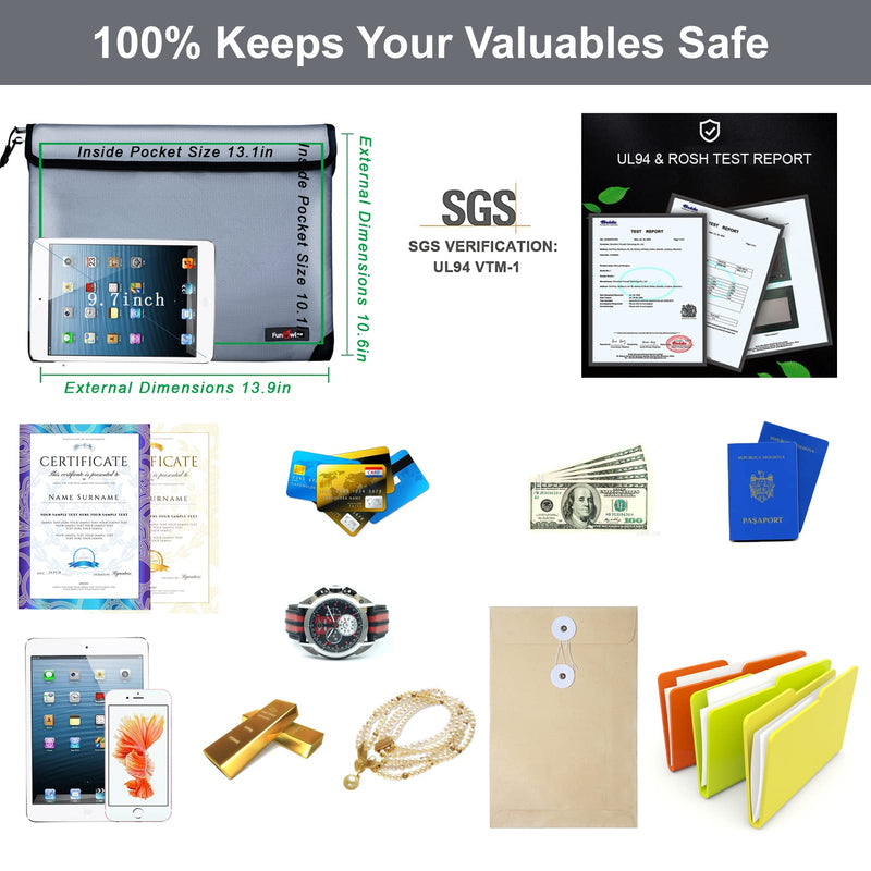 Fireproof Waterproof Money Document Bag - with 4200°F Heat Insulated Safe Storage Pouch with Zipper Upgraded 8 Layers of Functional Material for Valuables (13.9"x10.6" Gray) 13.9"x10.6"
