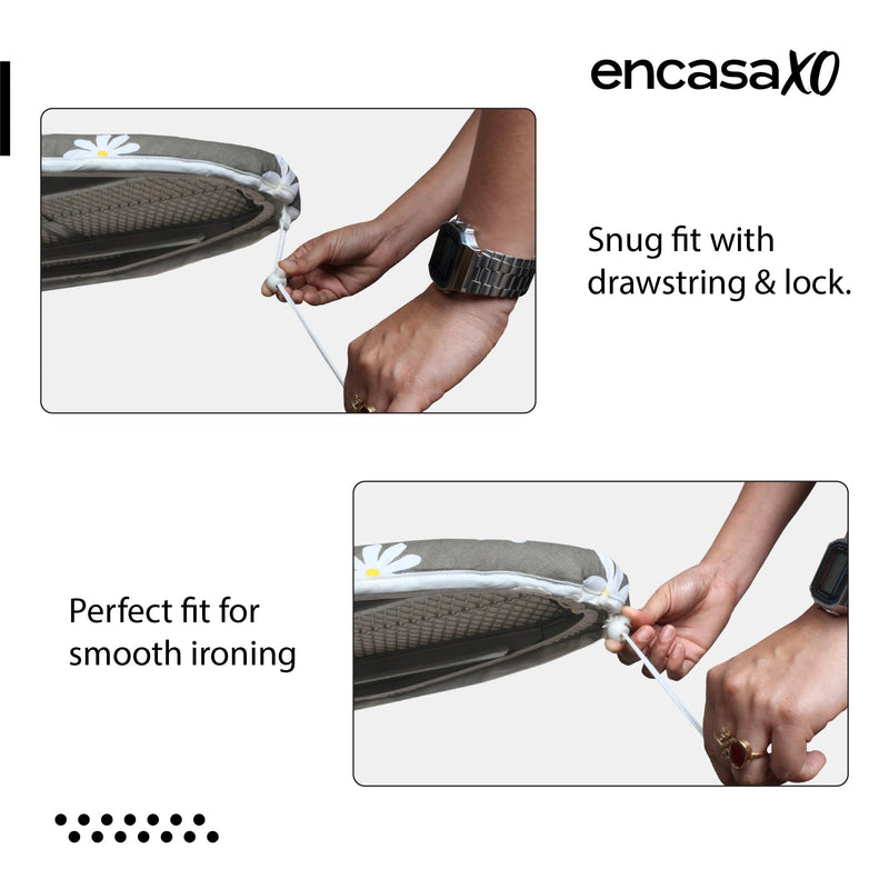 Encasa Ironing Board Covers (15 x 54 inch) Drawstring Tightening with Thick 3 mm Felt Padding, Easy Fit, Scorch Resistant, Printed - Daisy Grey Large - NewNest Australia