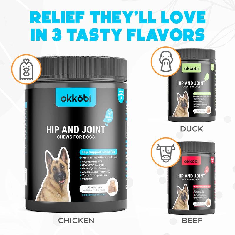 Glucosamine HCL & Hip and Joint Supplement for Dogs - 150 pcs - Hip and Joint Chews for Dogs - Vet Approved US Formula with MSM & Green Lipped Mussel - Chicken