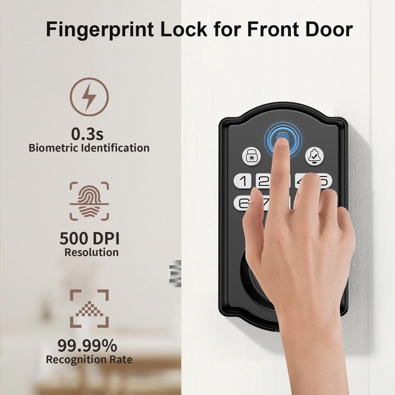 Keyless Entry Door Lock - Fingerprint Door Locks with App Control - Smart Deadbolt for Front Doors - Biometric Security, Auto-Lock&One-Touch-Lock, IP54 Waterproof, Easy Install Fingerprint Door Lock