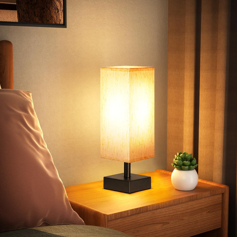 Small Table Lamp for Bedroom - Bedside Lamps for Nightstand, Minimalist Night Stand Light Lamp with Square Fabric Shade, Desk Reading Lamp for Kids Room Living Room Office Dorm Cream & Black 13.2in
