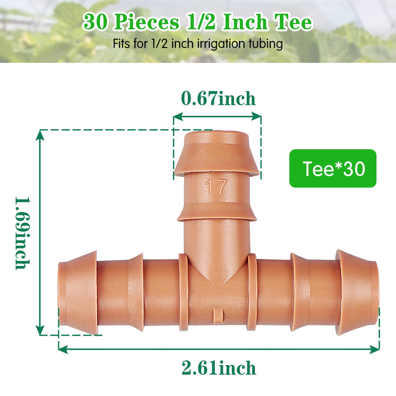 Drip Irrigation Barbed Tee：30 Pack Drip Irrigation Tee Parts Fits for 1/2 Inch Drip Irrigation Tubing 17mm 0.600" ID Tee Connectors for Patio Lawn Garden 30 Pack Tee