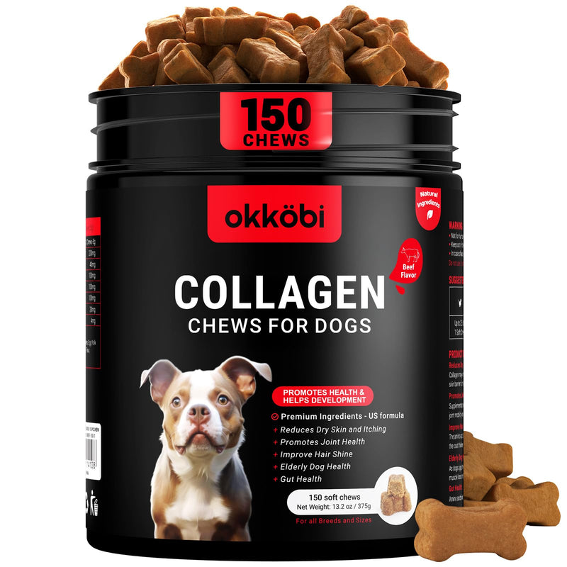 Collagen for Dogs - 150 Chews - Joint, Skin & Coat Supplement with Hyaluronic Acid, Eggshell Membrane & Vitamin C - Daily Hip & Joint Support for Senior Dogs & Puppies - Beef